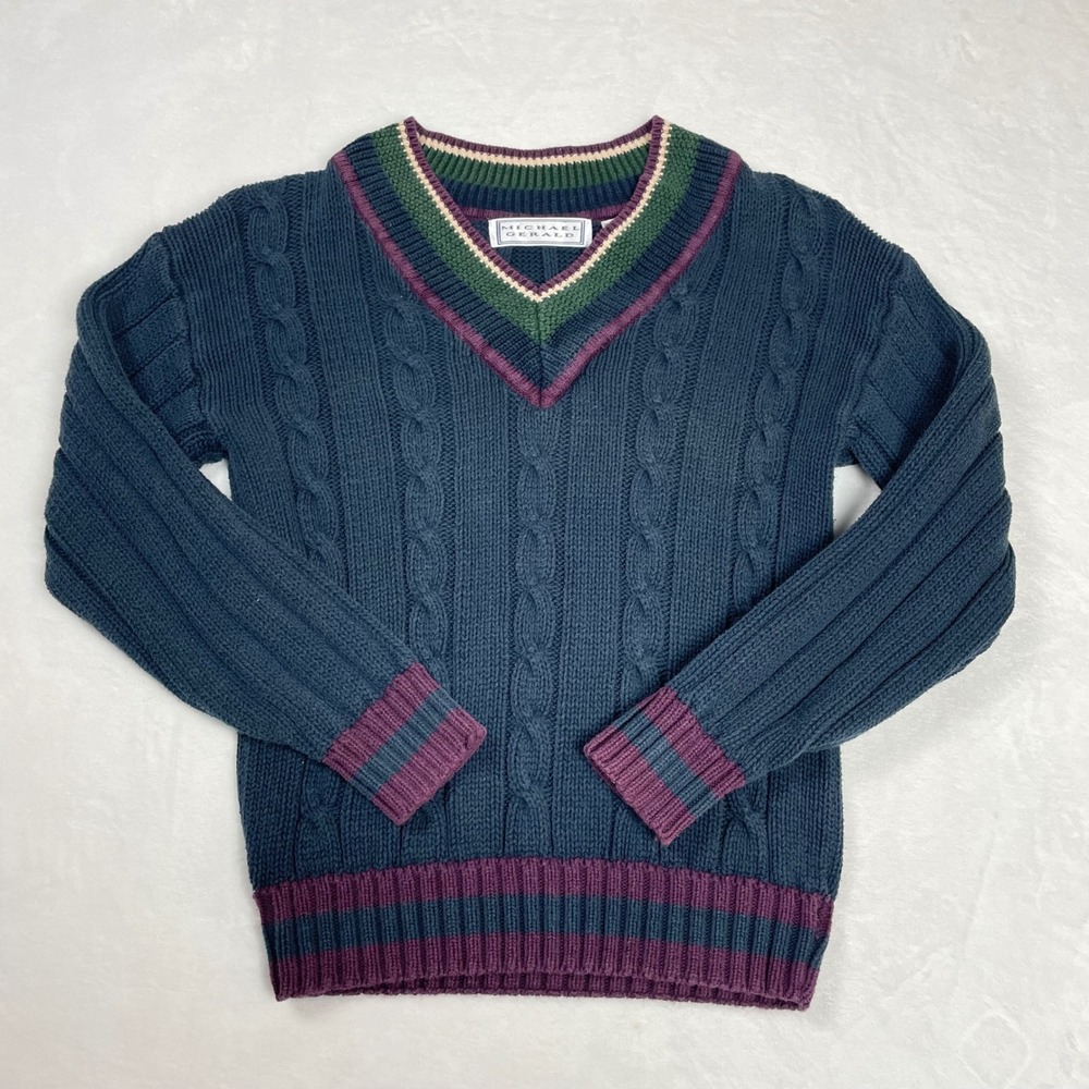 Michael Gerald Sweater Cotton Mens Small Navy Vintage Preppy Cable Knit V-Neck
